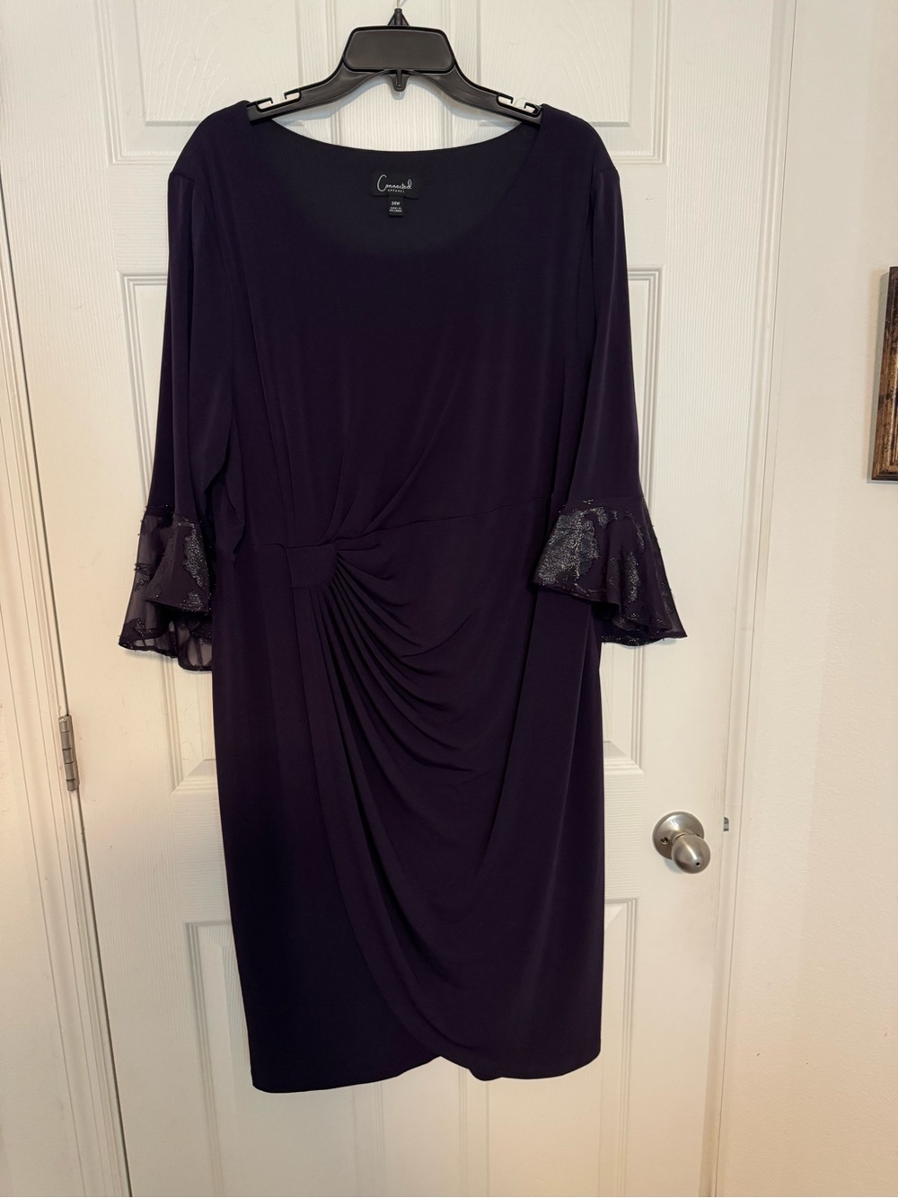 connected apparel dark purple ruched midi dress with sequin bell sleeves